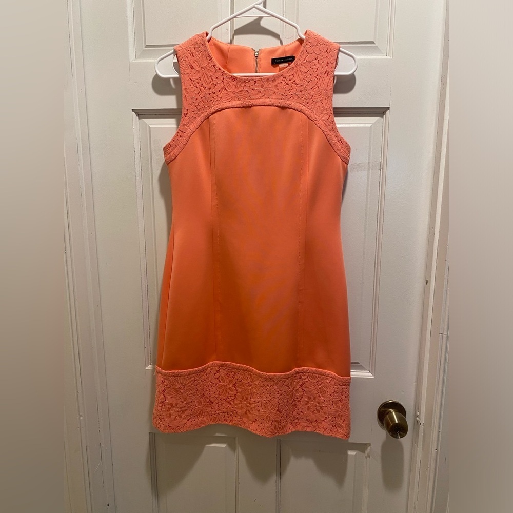 Elegant Coral Lace Trim Dress
